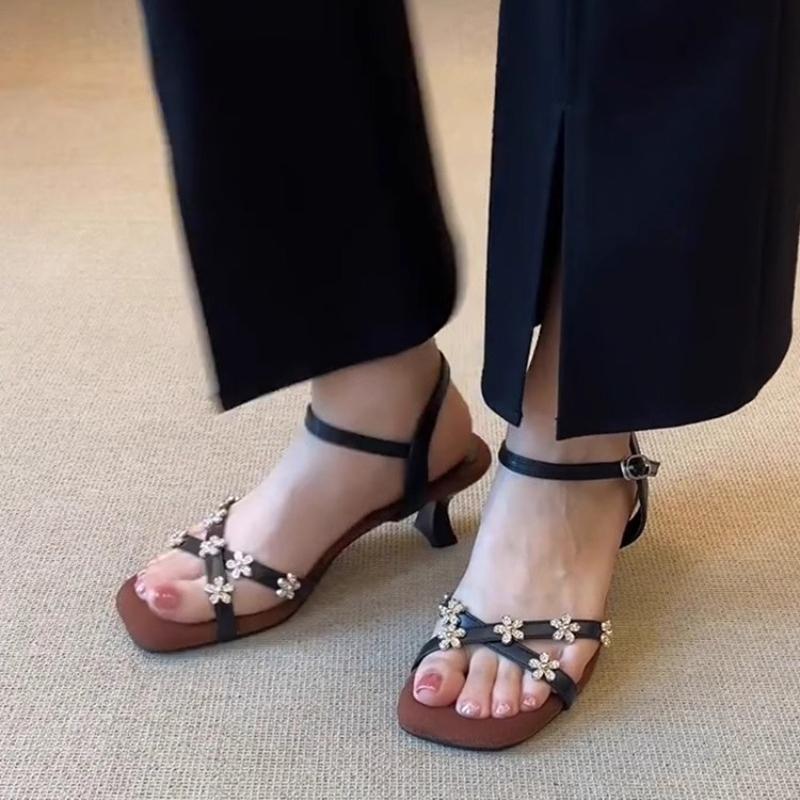 Fashion Ladies Shoes 2025 Summer Open Toe Women's Sandals Dress Sandals Women Fashion Flower Dec Shoes Woman New Buckle Thin Heels