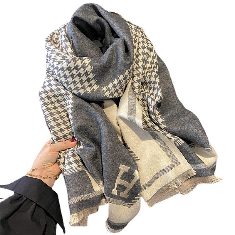 Korean-Style Houndstooth Faux Cashmere Scarf Shawl for Women - Thickened Double-Sided Winter Neck Warmer