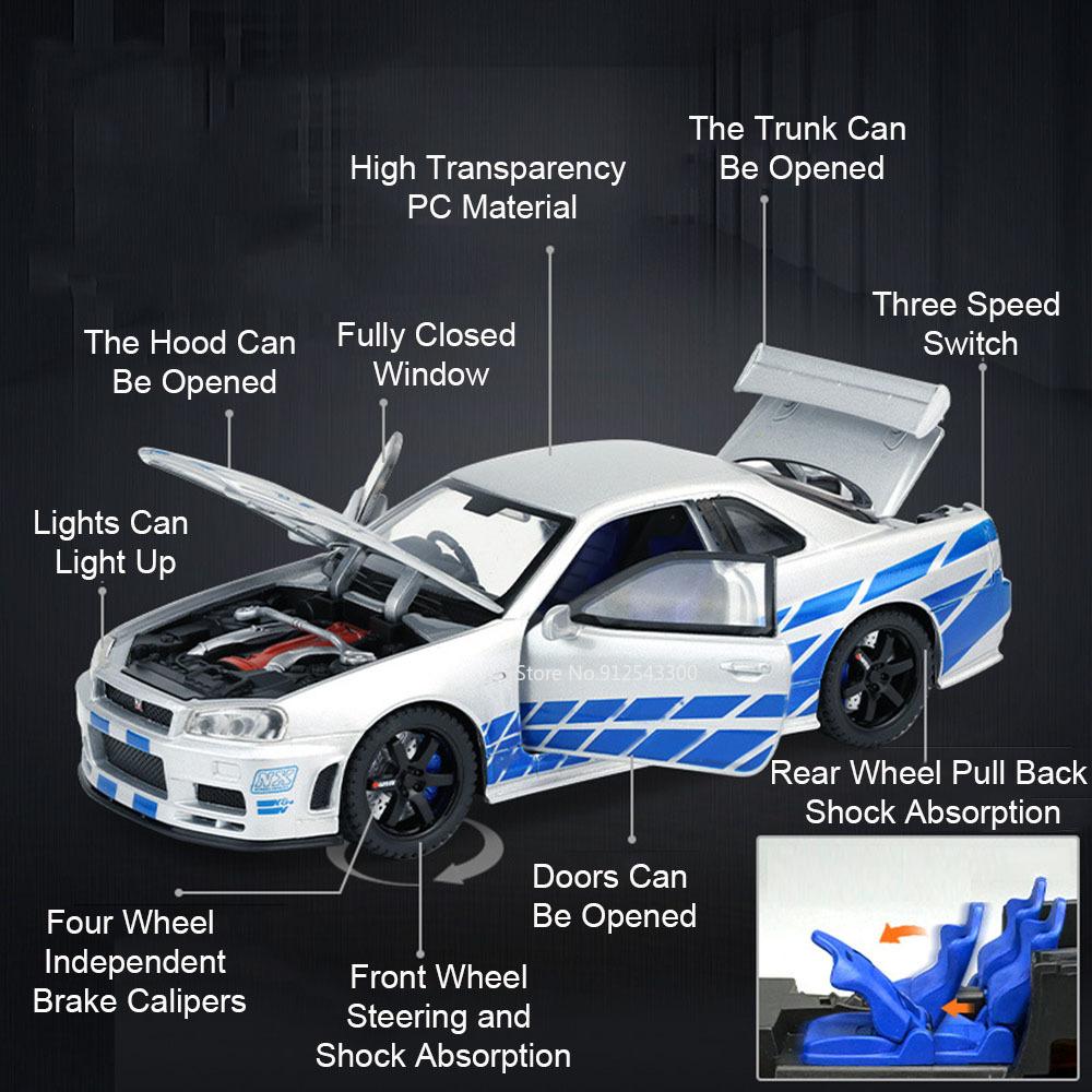 1:32 Scale GTR-R34 R35 Sports Car Model Toy Wheel Steering Alloy Diecast Vehicle Models Sound Light Pull Back Gifts for Kids