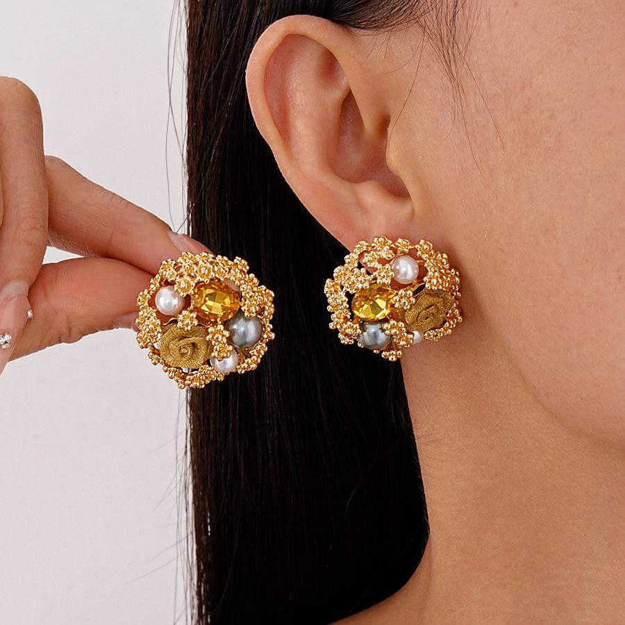 Vintage Metallic Rhinestone & Faux Pearl Flower Sterling Silver Stud Earrings - French Court Style for Women