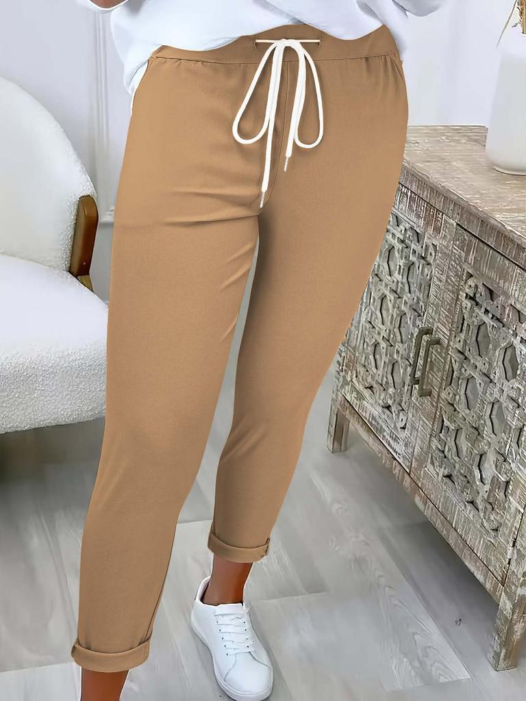 2025 Women's Solid Color Tie-Waist Cuffed Long Pants - Versatile European & American Style