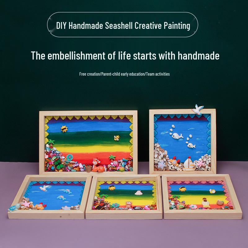 

Hand-Painted Seashell Collage Photo Frame: Colorful DIY Wooden Wall Art for Parent-Child Projects