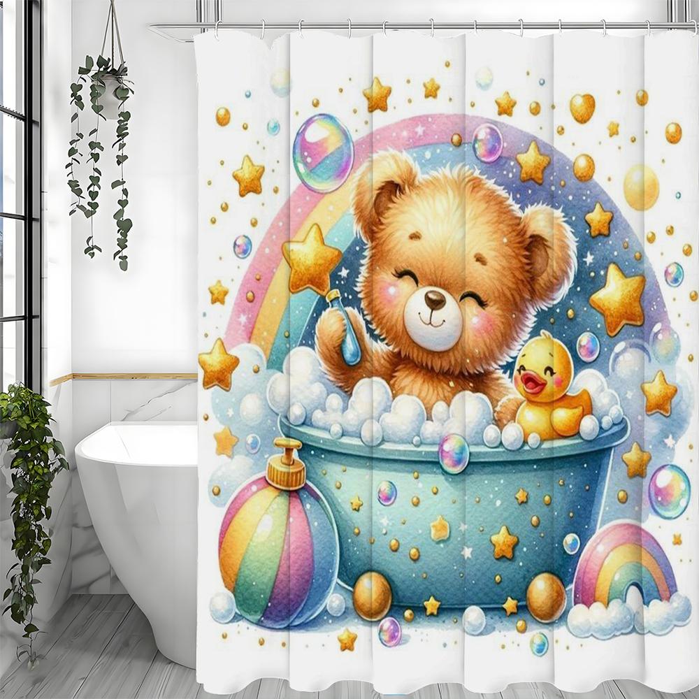 Cute cartoon bear bath yellow duck bath tub shower curtain, bathroom decorative shower curtain, waterproof shower curtain with h