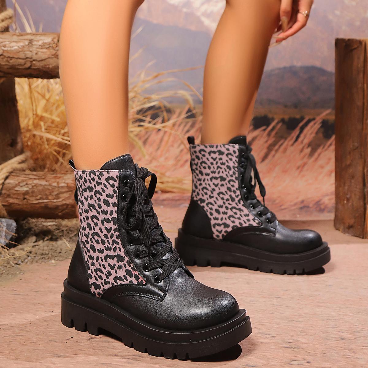 

мода Модные ботильоны на платформе с леопардовым принтом, женские осенние нескользящие ботинки на шнуровке, женские армейские ботинки из искусственной кожи с толстой подошвой 38