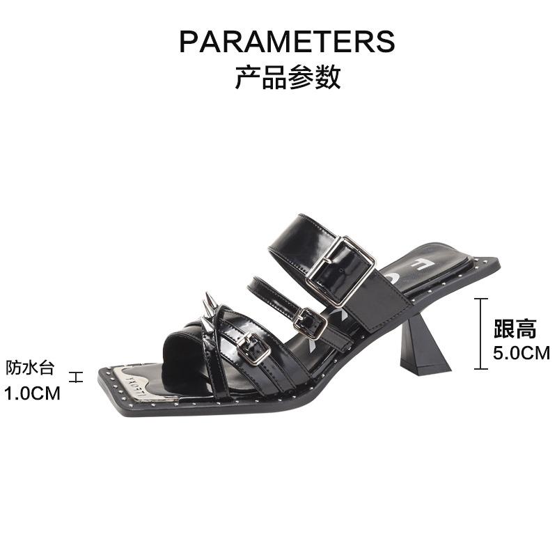 Summer Women Sexy High Heels Rivets Denim Cross-tied High Heel Sandals Leather Black Punk Roman Slippers Ladies Slides