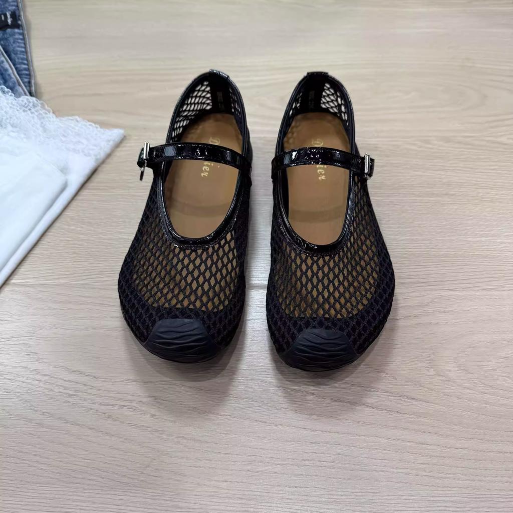 Summer hollow mesh ballet single shoes women's soft sole 2025 new one-word strap flat heel breathable Mary Jane sandals