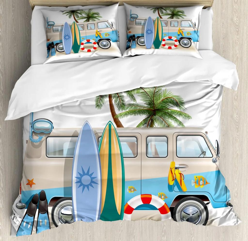 Tavola da Surf Morbida Durevole Qualità Copripiumino Colorato Surf Mare Modello Estate Viaggio Illustrazione Colori Retrò Decorativo Corallo Arancione Bambino Donna