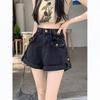 Women's High-Waisted Black Denim Shorts, Summer 2024, Loose A-Line Wide Leg Design, Small Size