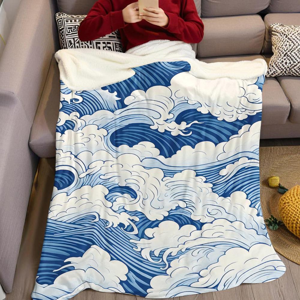 Blue Wave Motif Flannel Blanket Warm Soft Halloween Christmas Couch Warm Cozy Decorative Decor Gift for All Season
