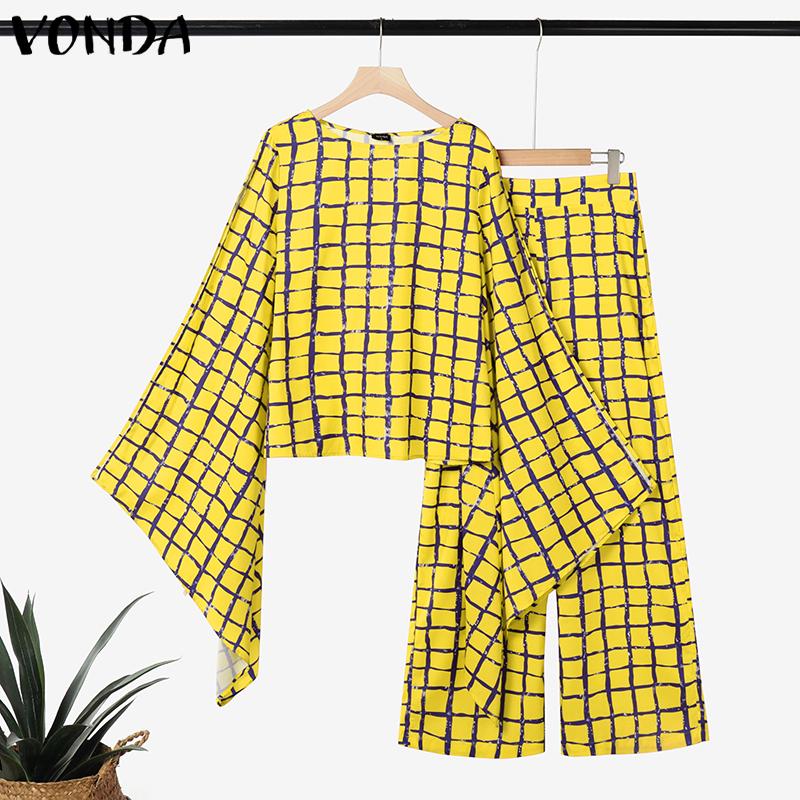 VONDA Women Outfits Plaid Print Long Flare Sleeve Blouse and Wide Leg Pants Casual Two Piece Suit