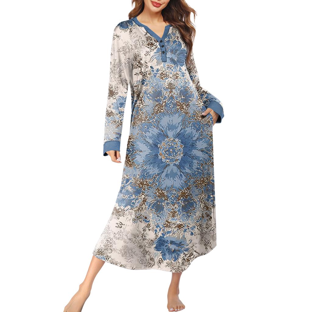Women's Nightgown Long Loungewear V-neck Nightdress With Pockets