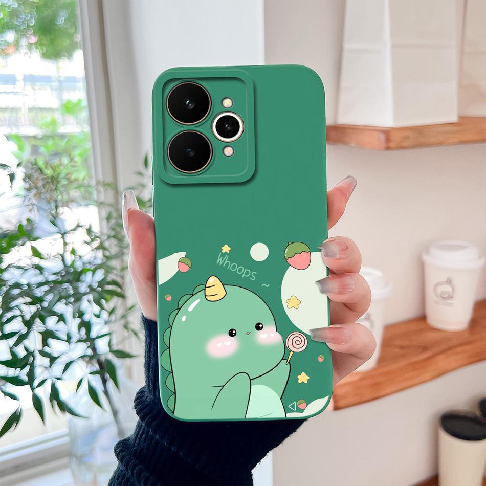 Cartoon Case For Realme 15 Pro Cute Dinosaur Liquid Silicone Lens Protection Back Cover Soft Phone Cases For Realme 15Pro 5G