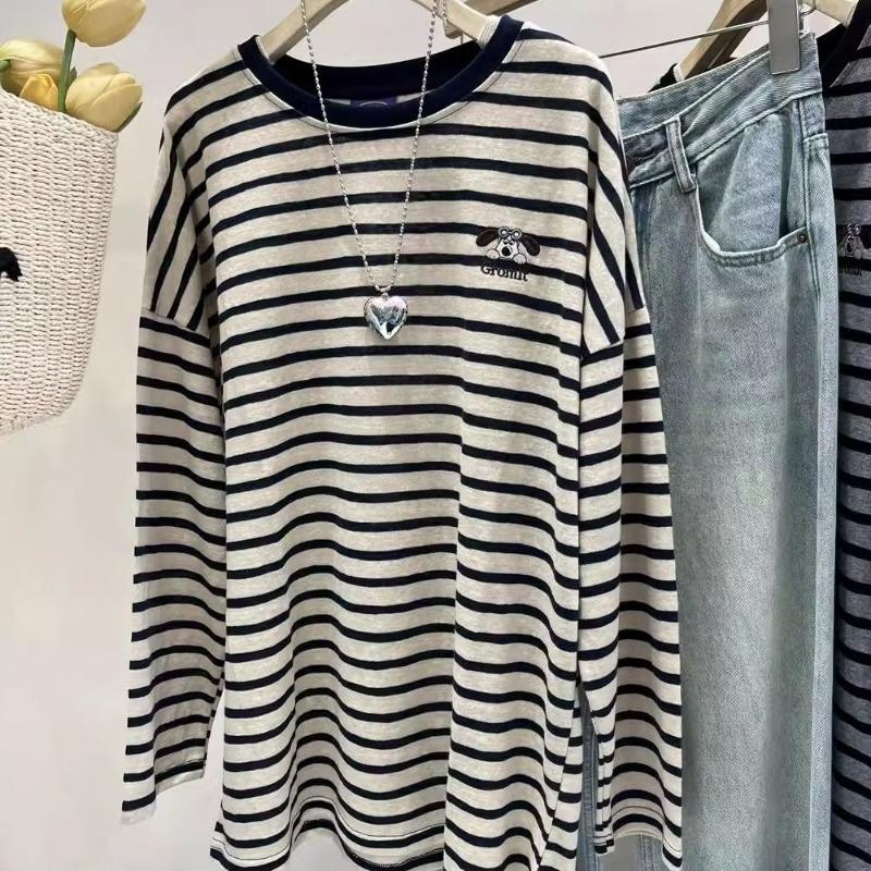 

Женская винтажная полосатая футболка с мультяшной вышивкой оверсайз из хлопка, базовая, повседневная, с круглым вырезом, с длинным рукавом, свободная туника, топы, Ropa De Mujer 4XL