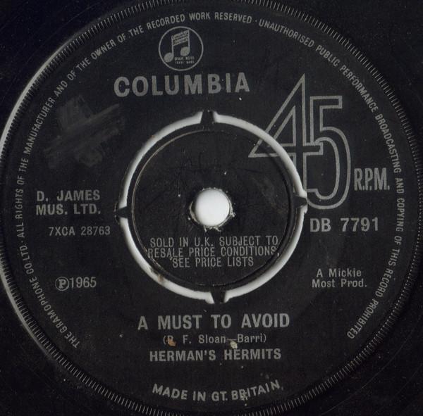 

7inch Record HERMAN S HERMITS - A Must To Avoid DB7791 Columbia 1965 UK Rock Used