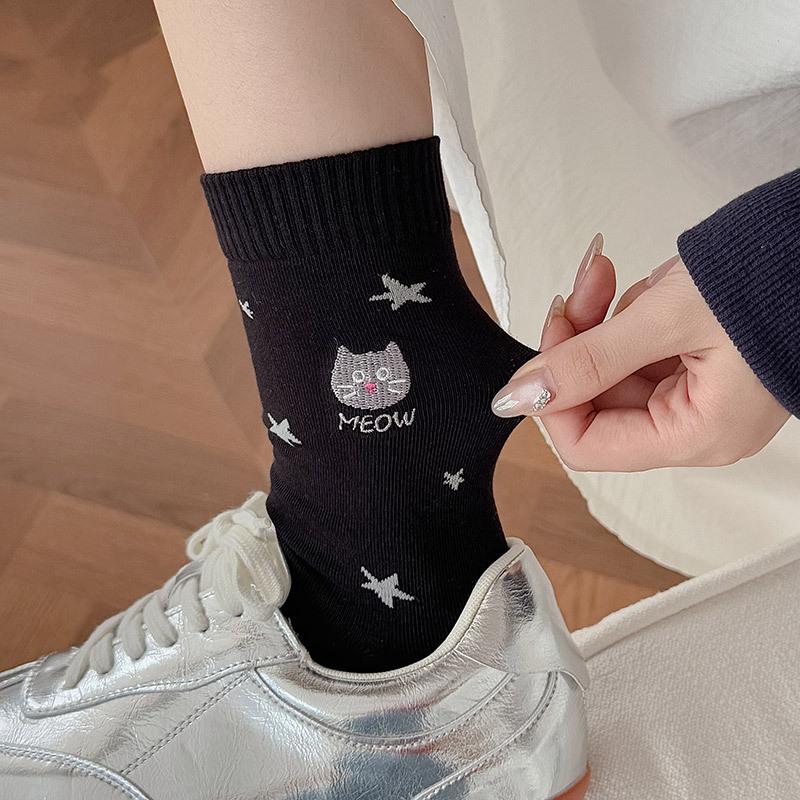 10Pair Star Socks Female Cute Cat Embroidery Tube Socks Autumn And Winter Cotton Socks Cartoon Student Stacking Socks