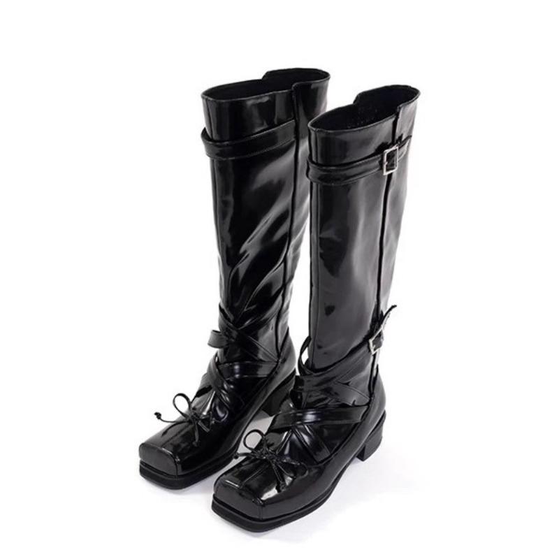 Cowhide Version Ballet Style Thick-soled Boots Women's Leather Bow Square Head Thick-soled Thick-heeled High Boots Knight Boots