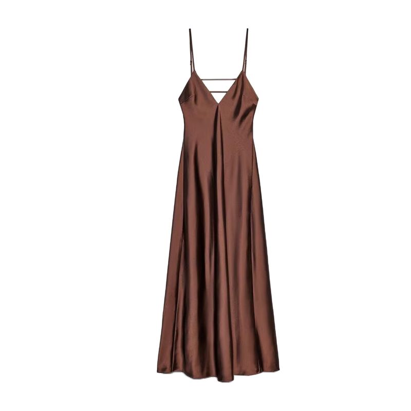 Summer V Neck Sling Mid-Length Silk Satin Texture Midi Skirt Dress 2452331 3258331 8331