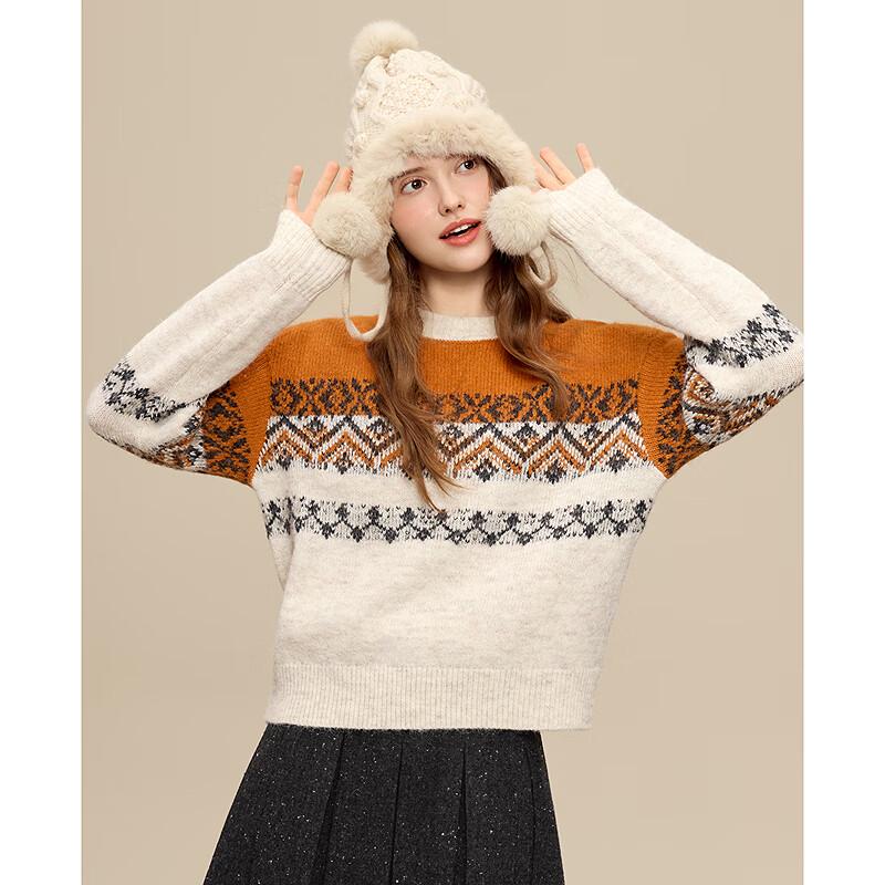 Betu Women's Retro Color Block Jacquard Round Neck Sweater