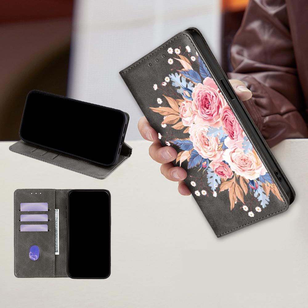 Flower Pattern Magnetic Leather Flip Wallet Case for iPhone 17 Pro Max 16 15 14 13 12 11 Pro Max 16 Plus Air Card Slots Holster