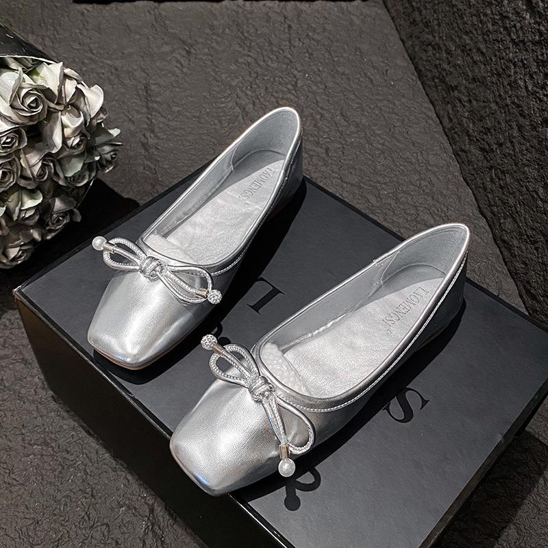 Fashion Silver Square Toe Bowtie Flats Women Spring Office Shoes Shallow Slip On Ladies Ballerina Loafers Comfy Barefoot Mocassines 2025