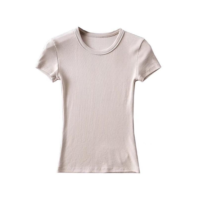

YPFF Summer Women s Solid Color Elastic Thread Basic Short-Sleeve Round Neck Top Small бежевий