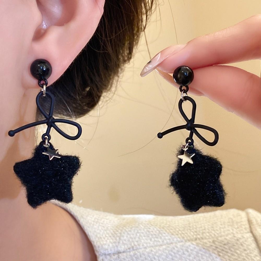 Pearl Plush Star Earrings Stars Y2K Drop Earrings Cute Winter Bow Star Earrings Girls Gift
