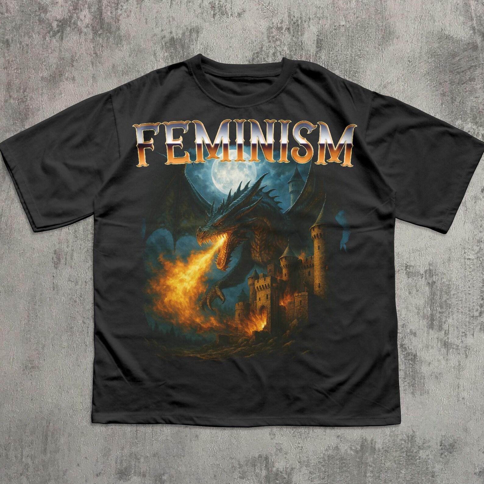 Feminism Dragon Fantasy Vintage Graphic Shirt, Retro Dragon Shirt, Feminism Shirt, Funny Gifts, Grunge Castle Dragon Shirt, Meme T shirt XL