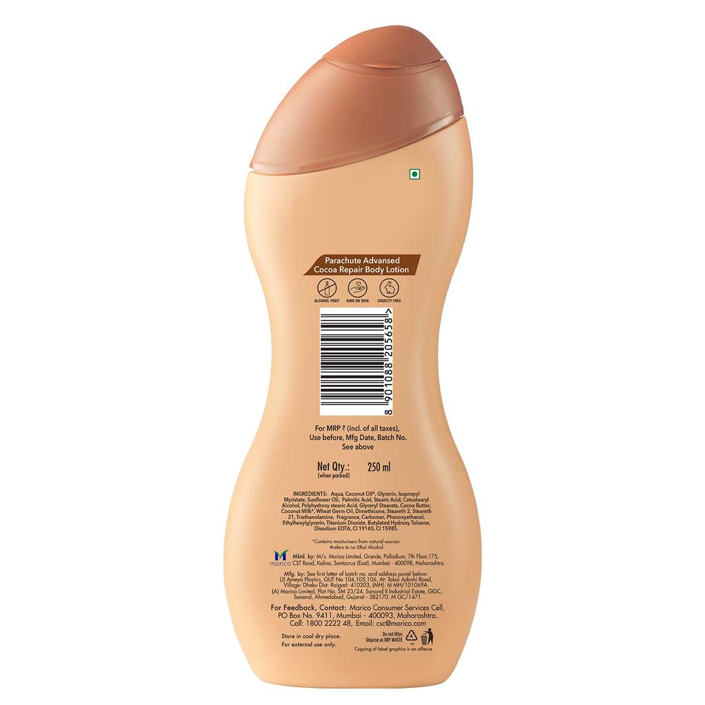 Parachute Advansed Cocoa Repair Body Lotion For Very Dry Skin 250ml Intense Moisture 72H Hydration Fast Absorbing Non Sticky Glow Care