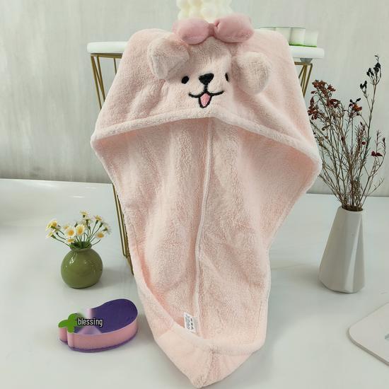 Cute Coral Fleece Puppy Hair Drying Hat - Quick Absorbent Towel Wrap for Girls with Long Hair