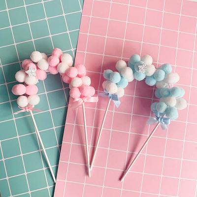 Rosa blu morbido pompon nuvola cake topper baby shower compleanno torta fai da te bandiere superiori decorazione forniture per feste festival