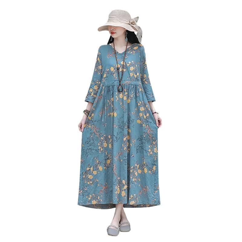 2026 Summer Retro Print Cotton & Linen Long Dress for Women