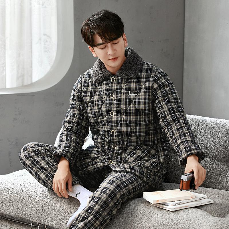 Three-Layer Padded Pajamas Men'S Winter Thickened And Velvet Woven Pure Cotton Warm Padded Jacket Anti-Static Loungewear Set