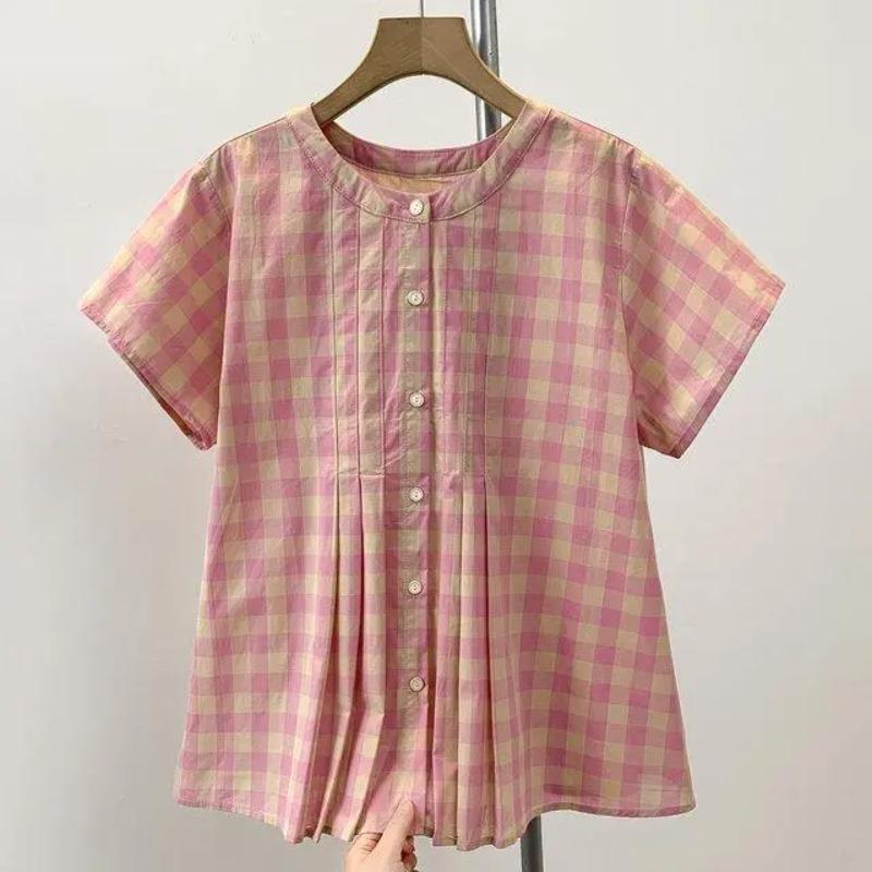 Womens Pink Plaid Round Neck Button-Down Short Sleeve Blouse M розовый