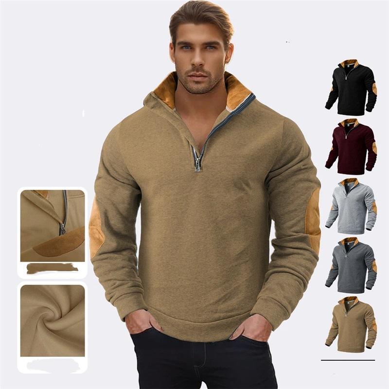 Bluză sport bărbătească cu fermoar scurt, guler de culoare contrastantă, patch-uri la coate, pulover, casual, largă, ușoară, din fleece, pentru purtare zilnică