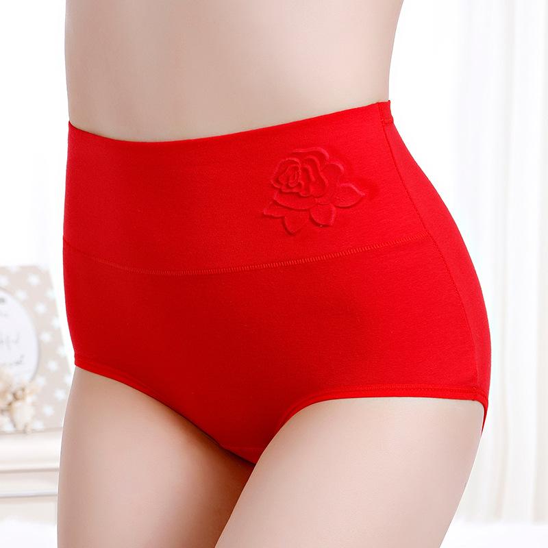 Ladies Spring and Autumn Pure Cotton Wedding Red High Waist Belly Briefs