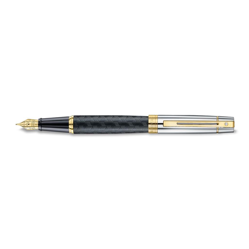 Sheaffer 300 Fountain Pen E9347 Engraved Matte Black Barrel with Polished Chrome Cap and PVD Gold Trim Fine Nib Premium Fountain Pen