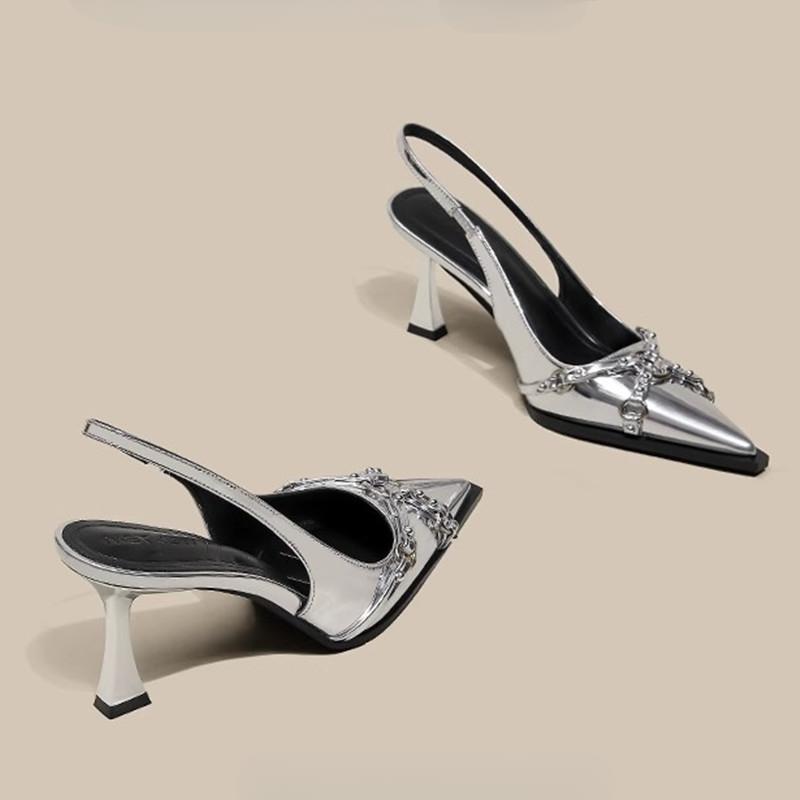 2025 Designer Women Sandals Fashion Pointed Toe Buckle Strap Metal High Heeled Kitten Heel Elegant Single Shoes Female