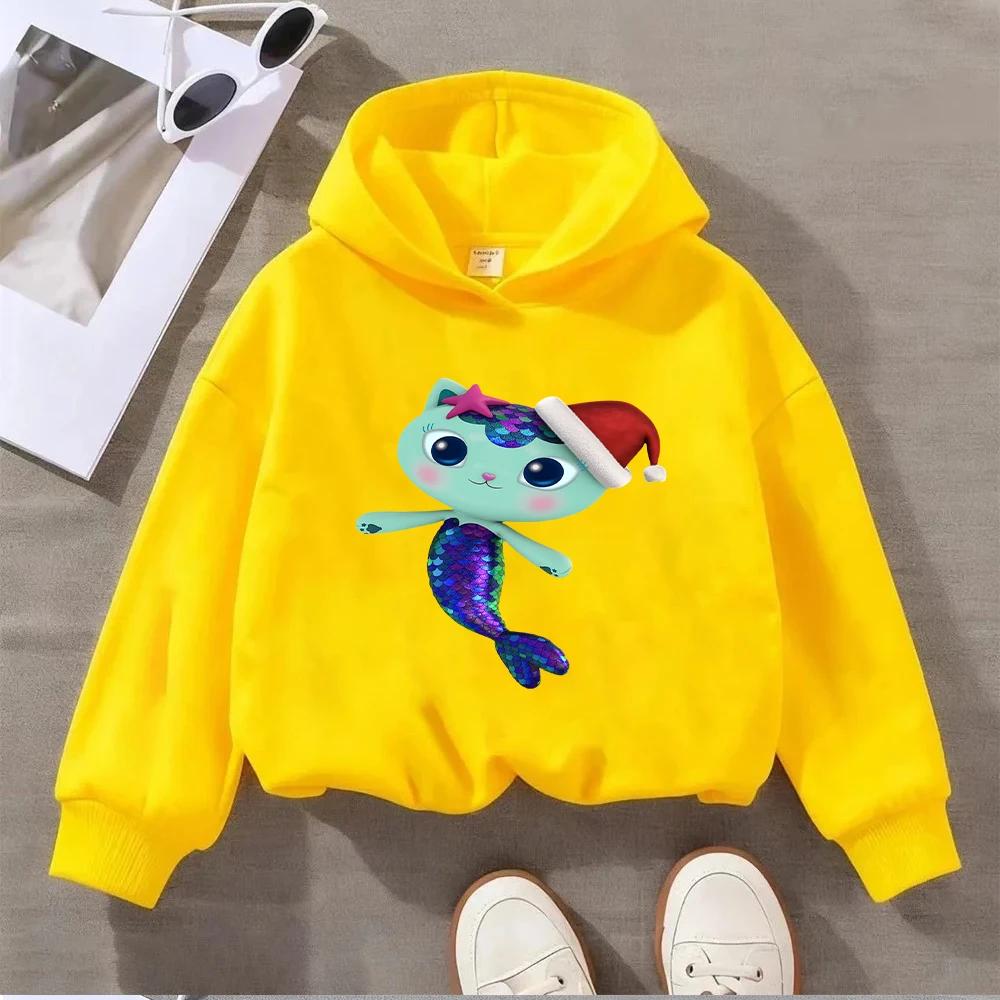 Niedlicher Meerjungfrauen-Katzen-Weihnachts-Hoodie für Kinder Buntes Schuppendesign Festlicher Weihnachtsmannhut-Druck