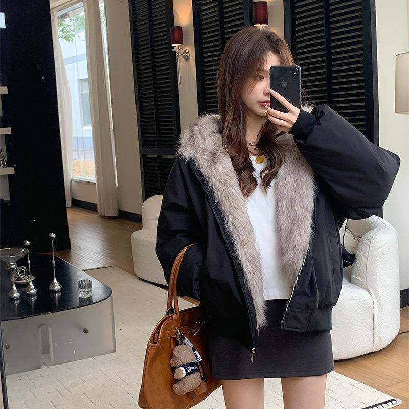 Winter New Two-sided Hooded Cute Short Splicing Casual Fashion Trend Loose Cotton Coat Women