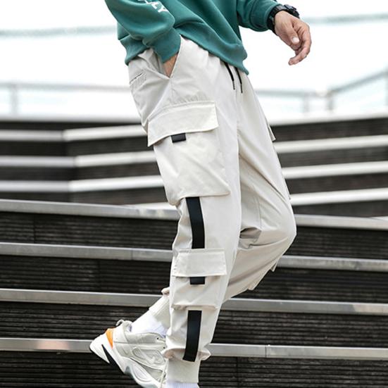 Men Cargo Pants Side Pockets Stretchy Waist Drawstring Strap Decor Ankle-banded Jogger Pants Daily Clothes