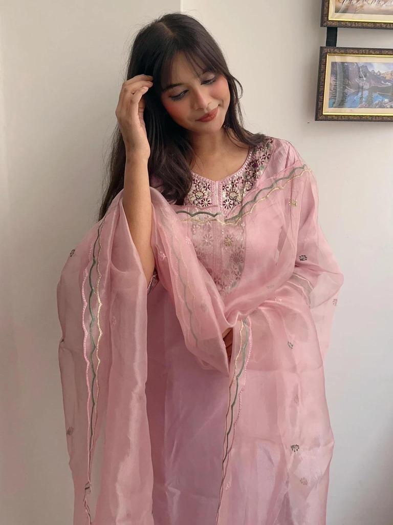 Women Silk Blend Kurta Pant Dupatta Set Designer Party Wear Bollywood Top Tunic Kurti Suit