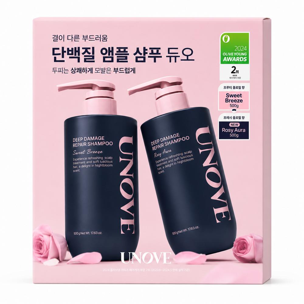 UNOVE 1+1 Deep Damage Repair Protein Shampoo Double Set Sweet Breeze 500g + Rosie Aura 500g 1 pcs 500g
