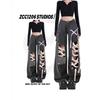 Black High-Waisted Straight Leg Distressed Denim Pants Women Punk Streetwear Wide Cropped Trousers