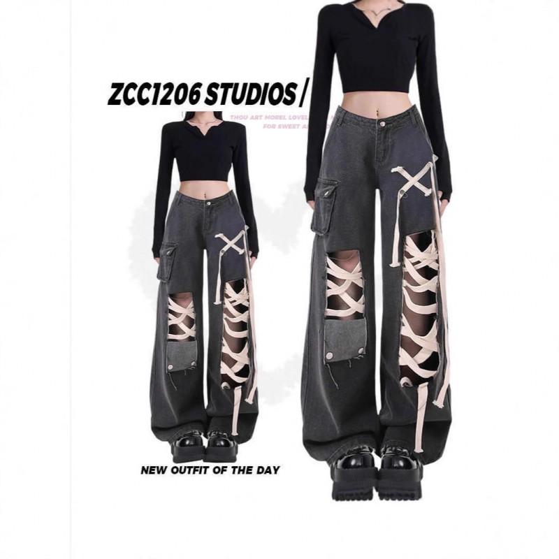 Black High-Waisted Straight Leg Distressed Denim Pants Women Punk Streetwear Wide Cropped Trousers