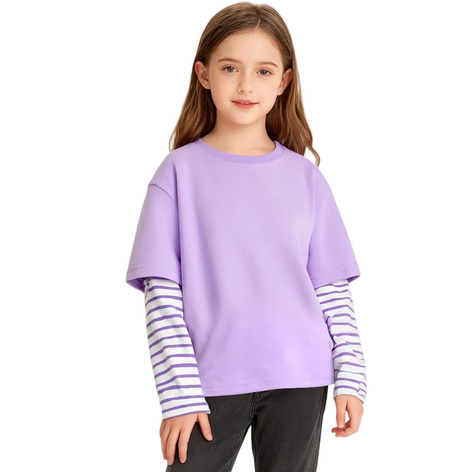 Children s Leisure Long-sleeved Striped Faux Two-piece Headwear Top 150 фиолетовый