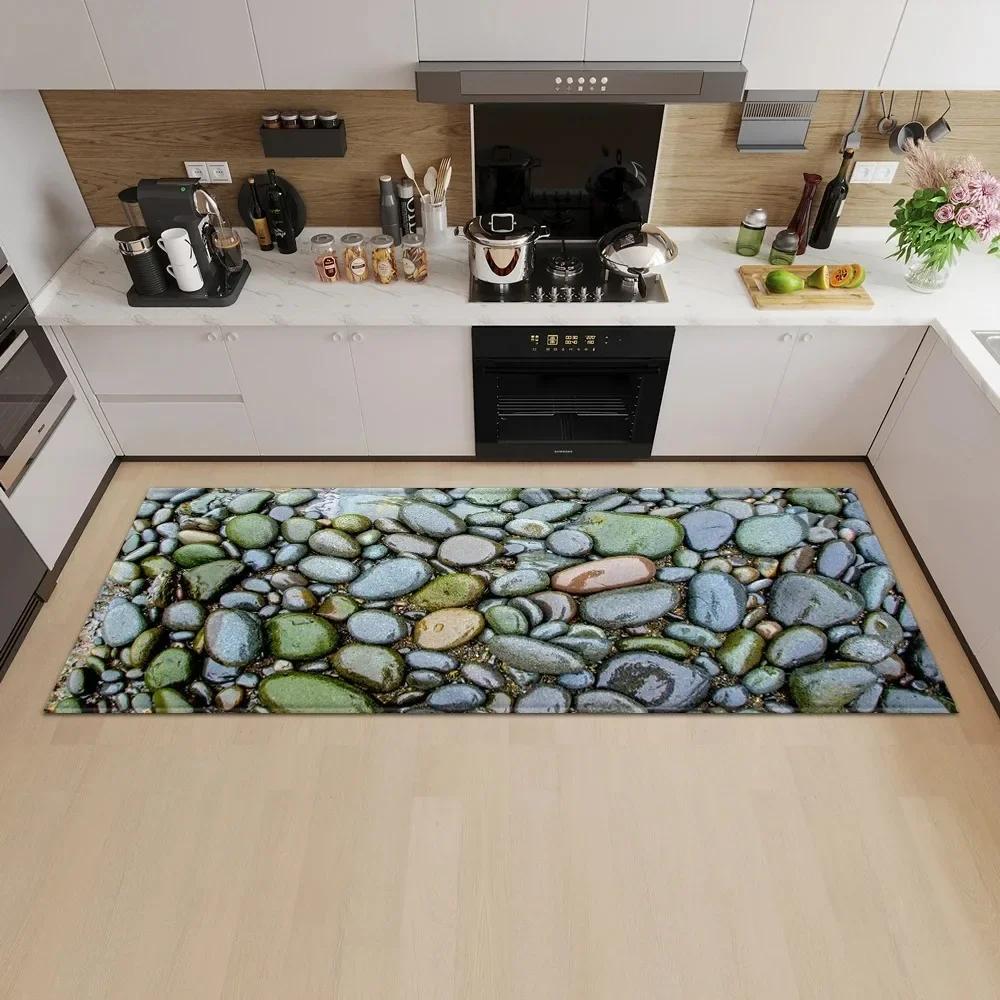 Non Slip Washable Natural Stone Runner Mat Realistic Pebble Design Rug for Kitchen Hallway Corridor Home Decor Floor Carpet