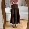 Pleated Suede Velvet A-line Skirt with Elastic High Waist