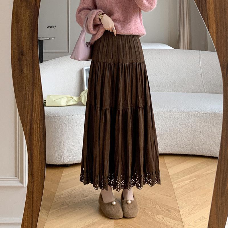 Pleated Suede Velvet A-line Skirt with Elastic High Waist