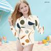 Girls Cream White High Neck Long Sleeve Front Zip Floral Printed One Piece Swimsuit