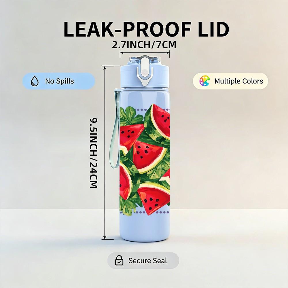 1PC Fresh Water Fruit Watermelon Sliced Print 750ml Color Plastic Sports Water Bottle Leakproof Flip Straw Lid Suitable for Sports Office Home Use